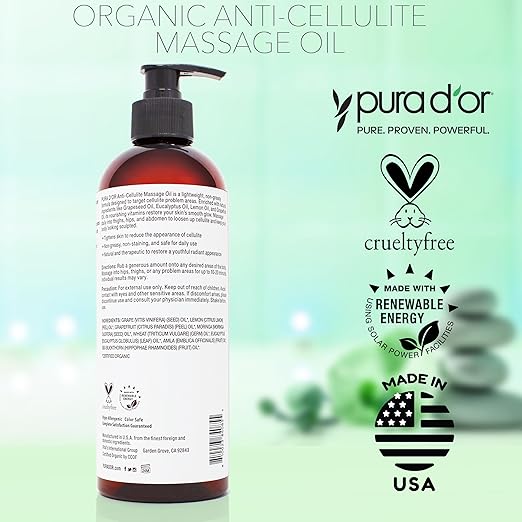 PURA D'OR 16 Oz Organic Anti-Cellulite Massage Oil - Lemon Peel, Moringa, Grape Seed, Grapefruit & Eucalyptus Oils - Skin Firming & Tightening for Active Individuals & Aging Adults
