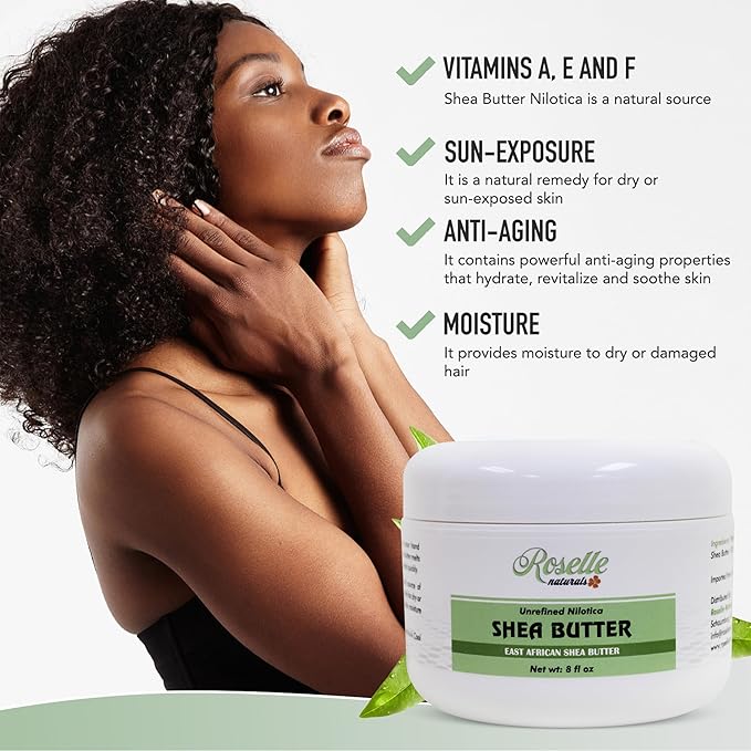 Roselle Naturals African Shea Butter - All Natural Nilotica Shea Butter Raw Organic, Unrefined Pure and Creamy White Shea Nilotica for Skin, Face, Hair and Body, 8 oz