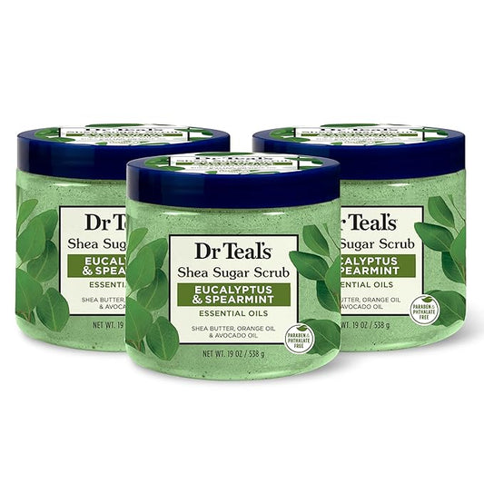 Dr Teal's Shea Sugar Scrub, Eucalyptus & Spearmint Essential Oils, 19 oz (Pack of 3)