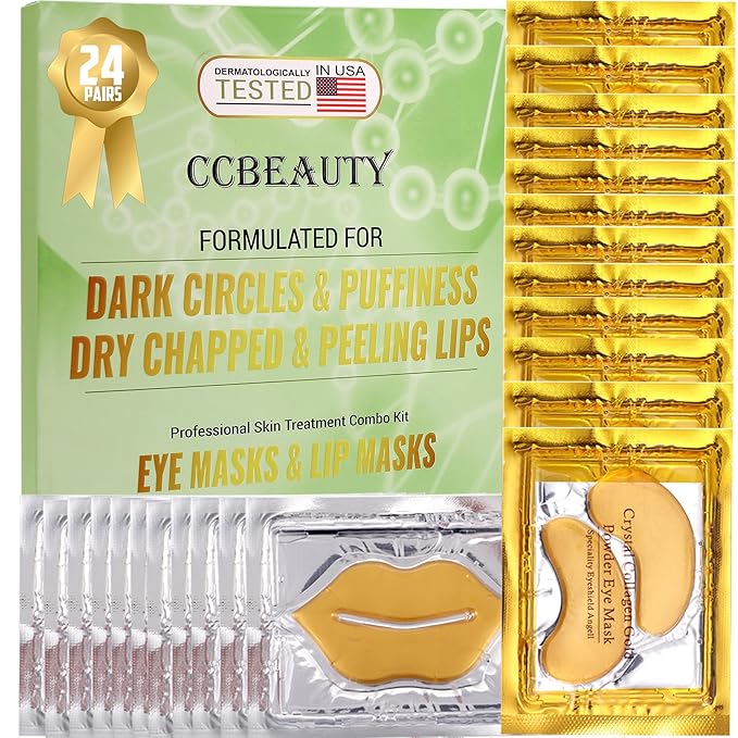 CCbeauty 24 Packs Lip Masks & Eye Mask Bulk,24K Gold Under Eye Patches for Puffy Eyes,Dark Circles,Collagen Eye gel Pads for Eye Bags,Wrinkles | Nourish & Hydrate Dry Chapped Lips Skincare,Golden