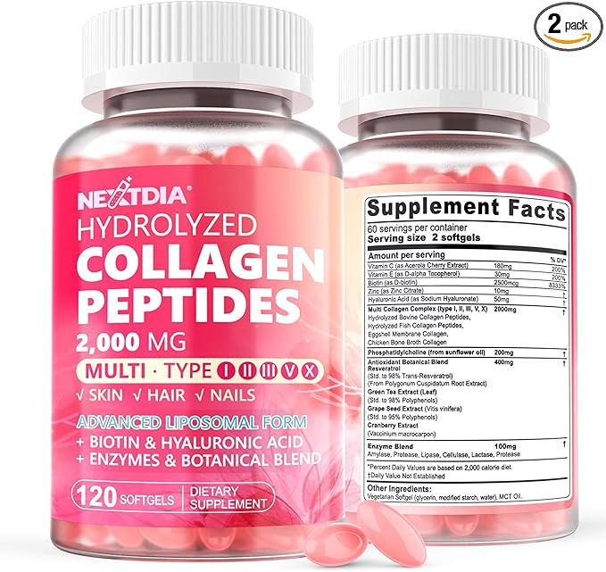 2 Pack Liposomal Collagen Peptides Pills for Women 2000mg, Multi Hydrolyzed Collagen Type I, II, III, V, X with 2500mcg Biotin - Collagen Supplements Softgels with Hair, Skin & Nails Vitamins, 240 Cts