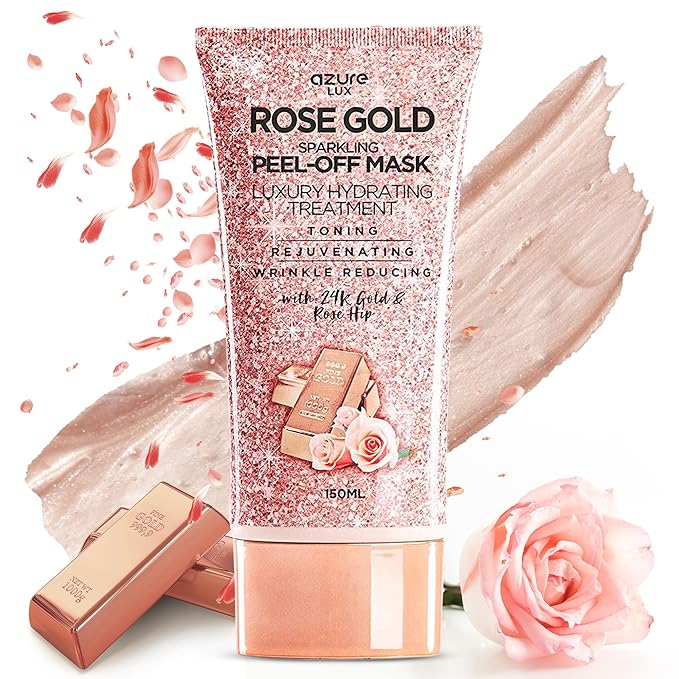 Azure Cosmetics Rose Gold Hydrating Peel Off Face Mask- Dermatologist Tested - Anti Aging, Toning & Rejuvenating - Removes Blackheads, Dirt & Oils - Real 24K Gold & Rose Hip Oil - 5.07 fl.oz.