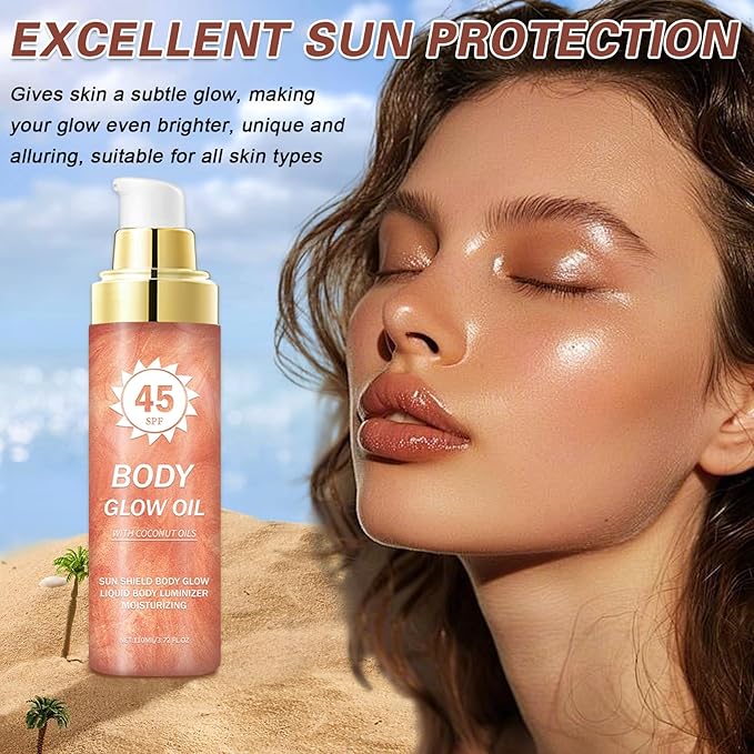 Body Glow Oil,SPF 45 Broad Spectrum,Body Oil Shimmer Sunscreen with Rose Gold Mica,Lightweight Non-Sticky,Moisturizing Coconut,Absorbs Quickly,3.72 fl oz,ROSE