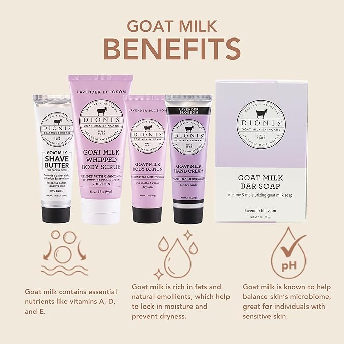 Dionis Goat Milk Skincare Lavender Blossom 6 Pc Self Care Essentials Travel Set - Bar Soap, Shave Butter, Hand Cream, Body Lotion & Whipped Sugar Body Scrub In Resealable Leak Resistant Carrying Case
