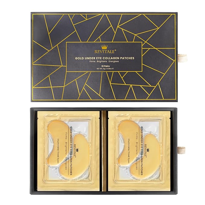24k Gold Under Eye Collagen Patches, Reduce Puffy Eyes & Dark Circles, Illuminate Tired Eye Masks - Firms, Brightens, Energises (Packets - 10 Pair)