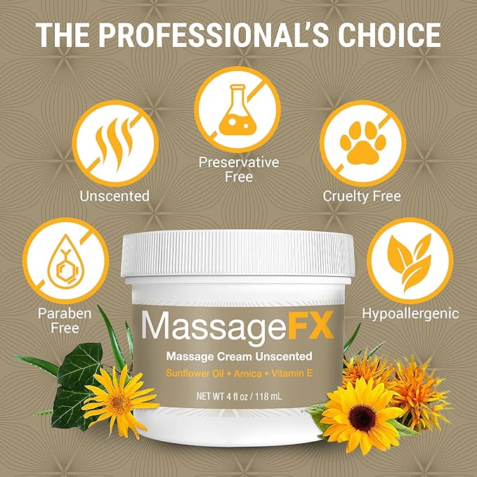 MASSAGE FX Unscented Massage Cream, 4 oz - Massage Creams for Massage Therapy - Infused with Arnica, Sunflower, & Vitamin E