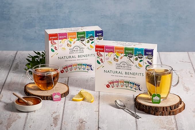 Ahmad Tea Natural Benefit Functional Tea Selection Pack | Green teas, Fruit & Herbal Infusions | Perfect herbal tea gift - 60 Teabag Sachets | 6 blends
