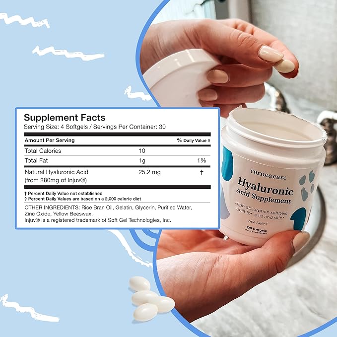 High Absorption Hyaluronic Acid | Hyaluronic Acid Supplements | Hydration Tablets | Anti Aging Supplement | Eye Vitamins | Eye Supplements | 120 Softgels