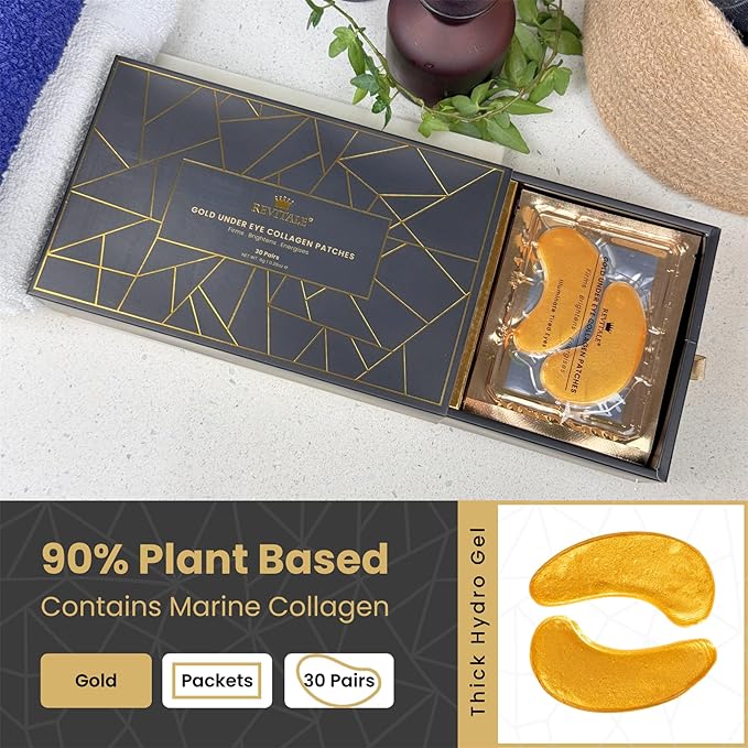 24k Gold Under Eye Collagen Patches, Reduce Puffy Eyes & Dark Circles, Illuminate Tired Eye Masks - Firms, Brightens, Energises (Packets - 30 Pair)