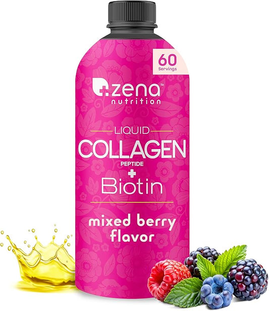 Liquid Collagen Peptides and Biotin, 2500mg Verisol Bioactive Collagen Peptides, 5000mcg Biotin, Hair, Skin, Nail Supplement for Women and Men, Mixed Berry, 60 Servings, 20.3 fl oz