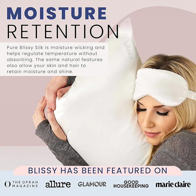 Blissy Silk Sleep Mask - Silk Eye Sleeping Mask for Women & Men for Total Blackout - 100% Pure Mulberry Silk, 22 Momme 6a Fibers - Blindfold Silk Sleep Mask Side Sleeper Eye Cover (White)