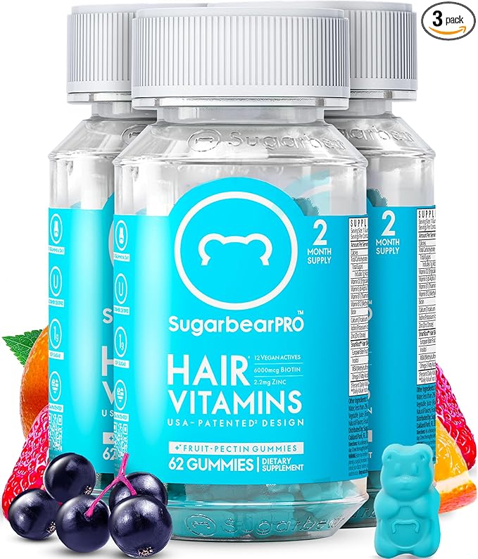 Sugarbear Hair Vitamin Gummy 6 Month Supply Extra Strength Biotin 6000mcg, Growth for Men & Women, Vegan Vitamin B12, MSM, Inositol, Omega 3, Elderberry, Certified Kosher, Halal, Cruelty-Free