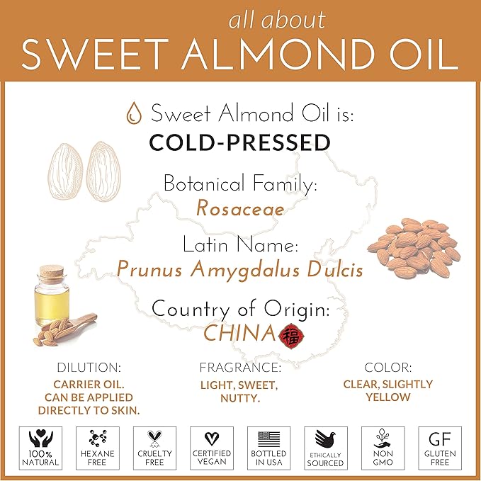 artnaturals Premium Sweet Almond Oil - (16 Fl Oz / 473ml) - 100% Natural & Pure – Therapeutic Grade Unrefined Carrier and Massage Oil – for Hair, Body and Skin or Diluting Aromatherapy Essential Oils