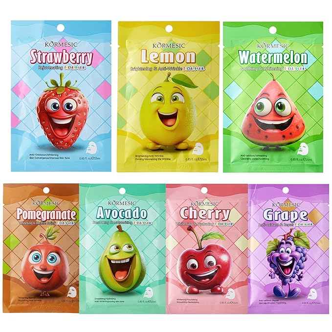 Fruit Face Mask, Facial Mask for Kids, Hydrating Face Masks Skincare Set, Sheet Masks Skin Care, Face Mask Set for Women Men Nourishing Skin, Birthday Party Spa Gift for Kids Teens Girls 7-Pack