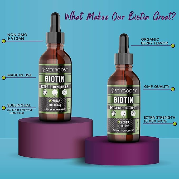 Extra Strength 10,000mcg Biotin Liquid Drops with Organic Berry Flavor | 60 Servings | Vegan Formula Supports Hair Growth, Strong Nails, Healthy Skin | NO Artificial Preservatives