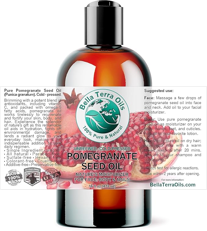 Bella Terra Oils - Organic Pomegranate Seed Oil 16 oz - Revel in The Essence of Punicic Acid & Ellagic Acid, Nature’s Gift for Radiant & Nourished Skin