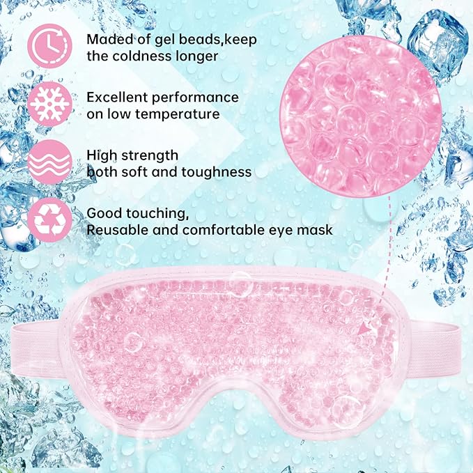 2 PCS Reusable Hot Cold Therapy Gel Bead Eye Mask for Puffiness, Dark Circles, Bags, Dry Eyes, Headaches, Migraines, Stress Relief - Cooling Ice Pack (Pink)