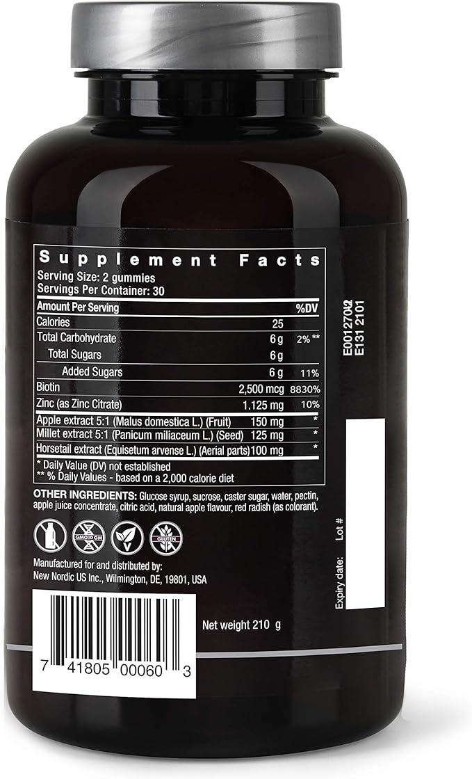 NEW NORDIC Hair Volume Gummies, 2500 mcg Biotin, Daily Hair Vitamins Supplement to Support Hair Skin & Nails, Vegan, 60 Count (Pack of 3)