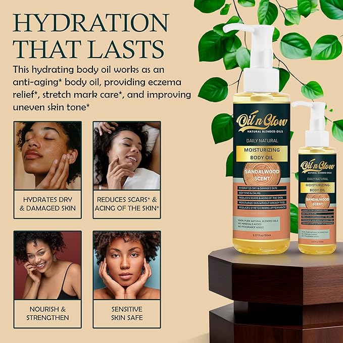 100% Pure Natural Hydrating Body Oil After Shower with Vitamin E, Coconut, Jojoba, Olive, Almond - Moisturizing Oil For Dry Skin, Non-Greasy Body Oils - Sandalwood Scent, 5.07 fl oz