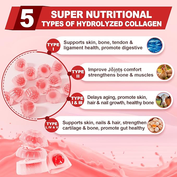 Collagen Peptide Gummies for Women & Men Sugar-Free, Multi Collagen Hydrolyzed w/ 1500mg Protein Type I,II,III,V,X, 5000mcg Biotin, Methylated B12, Vitamin C A E D3 B6 for Skin Hair Nails, Bone, 60Cts