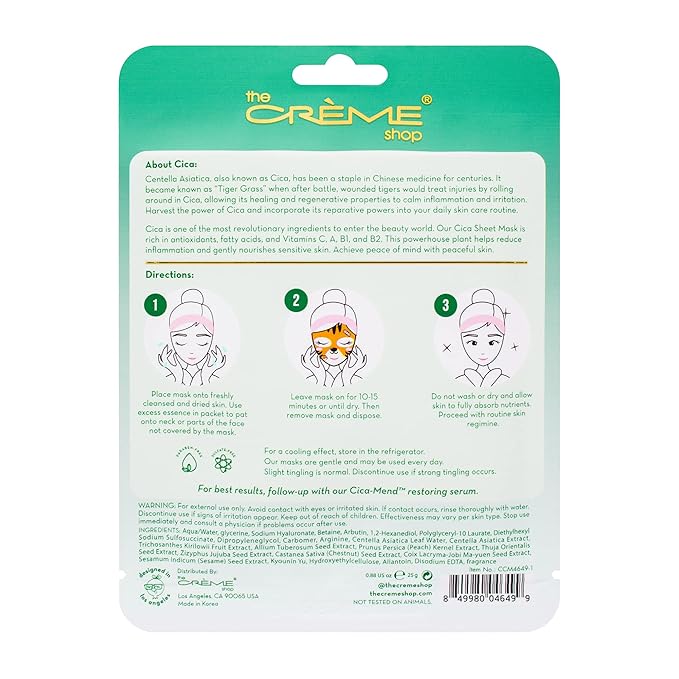 The Crème Shop Animal Sheet Mask, Korean, Hydrating, Collagen, Vitamin C, Anti-Aging - Pack of 3 (Tiger)