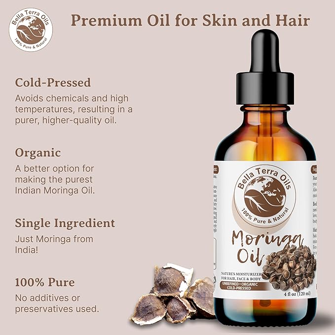 Bella Terra Oils - Organic Moringa Oil 4oz - The Power of Pure Premium Organic Moringa, Fortified with Vitamin A & C, Enhancing Skin's Natural Brilliance