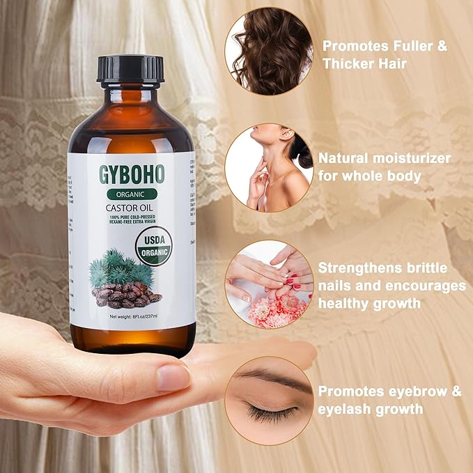 Castor Oil Organic Cold Pressed Unrefined Glass Bottle,Castor Oil Pack Wrap Organic Cotton for Stomach-Neck-Abdomen -Knee-Arm.organic castor oil for Hair Growth -Face-Lashes & Eyebrows