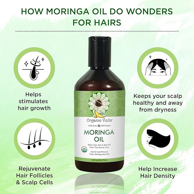 Organic Veda Moringa Oil - Pure Cold Pressed Organic Moringa Seed Oil - Natural Face Oil for Women, Moisturizing Hair Oil - Virgin Moringa Oleifera Oil for Skin, Body, Scalp Care & Nails - 16 fl.oz