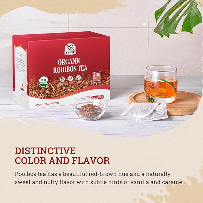 52USA Rooibos Tea Organic, 100 Tea bags, Pure Premuim Rooibos Tea, Naturally Sweet Herbal Tea, Caffeine Free Rooibos Tea, Farmed in South Africa, 9oz (250g)