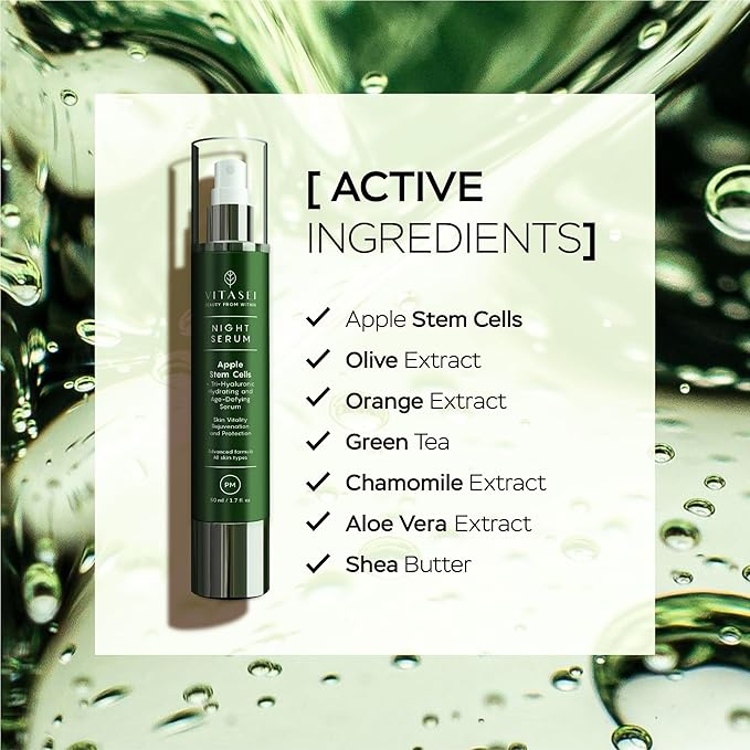 PM Night Serum W/Apple Stem Cells, Shea Butter, Green Tea, Chamomile Extract, Orange, Olive & Aloe Vera for Face - Retinol Anti-Aging & Moisturizing Facial Serum for Women - 1.7 Fl oz