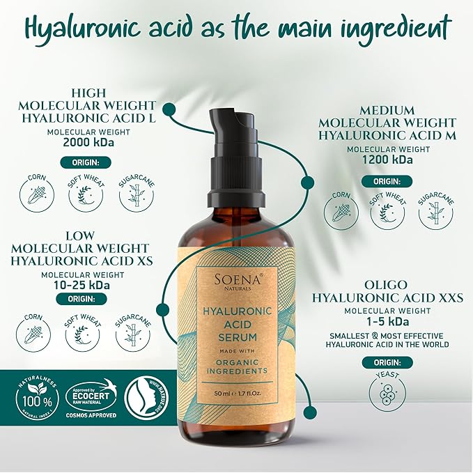 Organic Hyaluronic Acid Serum for Face | Best Hyaluronic Acid (Oligo) + 4 Hyaluronic Sizes - Highly Dosed | Hydrating Serum - Aging-Aging Moisturizer – Fragrance-Free | Made in Germany