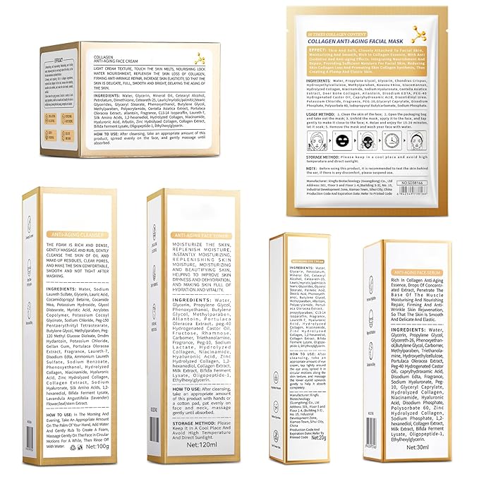 Collagen Skin Care Set, Anti Aging Skincare Set for Wrinkles & Fine Lines, Shrink Pores, Hydrate & Firm Skin, 7 Pcs Skincare Kits for Women with Cleanser, Toner, Serum, Cream, Eye Cream, 2 Pcs Masks.