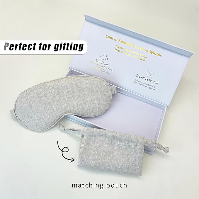 Pure Linen Eye Mask, 100% Linen Eye Mask for Girls,Travel Breathable Sleep Mask,Adjustable Strap, Hypoallergenic, Cooling with Travel Bag Gift Package(Honey)