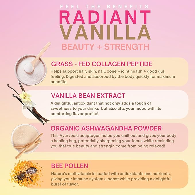 Eleven TLC, Radiant Beauty Bovine Collagen Peptides Drink Mix, Ashwagandha, Hydrolyzed Collagen, Bee Pollen, Vanilla Protein Powder, Dairy Free, Superfood Lattes, Wellness Hydration Mix, 63 Servings