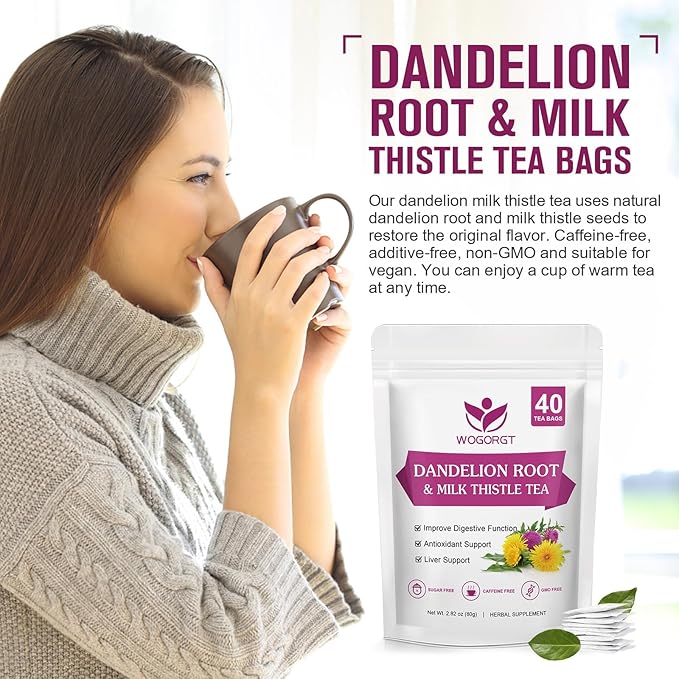 Dandelion Root with Milk Thistle Tea Bags - Natural Dried Dandelion Root and Milk Thistle Herbal Tea bags for Liver Cleanse, Antioxidant and Immune Support, Caffeine Free - 40 Tea Bags