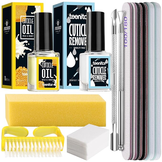 Teenitor Cuticle Remover Cuticle Remover Kit, Nail Care Kit with Cuticle Remover Cuticle Oil Nail File Nail Buffer Cuticle Pusher, Cuticle Peeler Scraper, Manicure Care Tools Milk and Honey