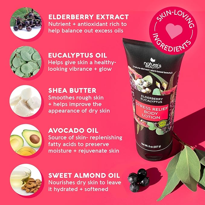 Nature's Beauty Elderberry Eucalyptus Stress Relief Body Lotion Multi-Pack - Lightweight, Non-Greasy Restore Moisturizer, Made w/Shea Butter, Avocado Oil and Sweet Almond Oil, 8 oz (2 Pack)