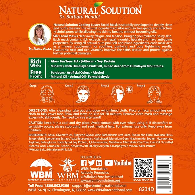 Natural Solution Cooling Luster Silk Facial Mask With Aloe & Tea Tree,Deep Pore Cleansing Face Mask,Instant Brightening and Hydrating - 10 PK