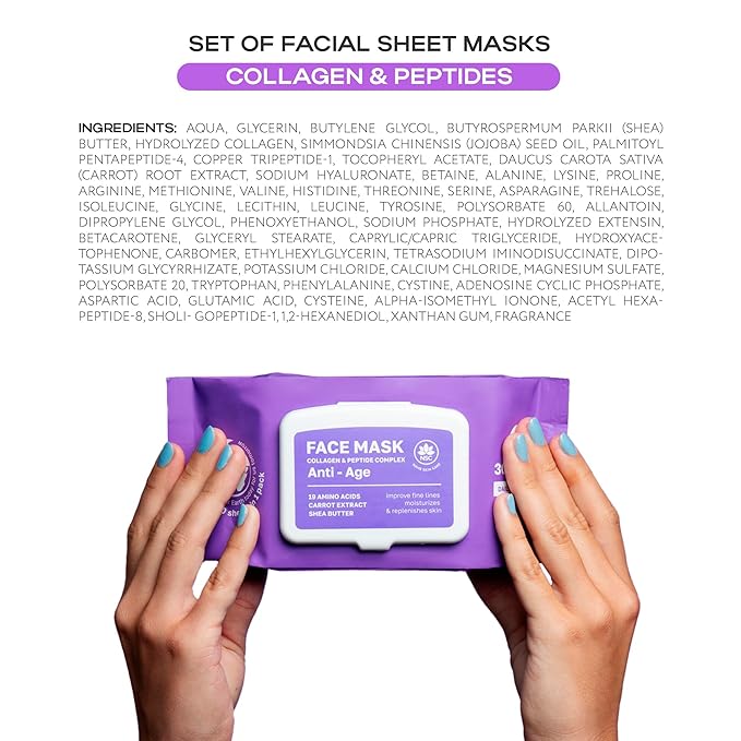Korean Collagen Face Mask Set - 30-Pack Premium Sheet Masks with Peptide Complex - Advanced K-Beauty Skincare System - Complete Monthly Supply for Daily Care - Intensive Hydrating Facial Facemasks