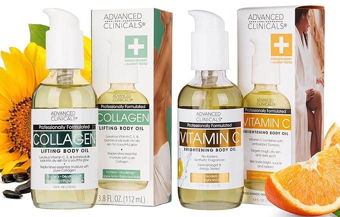Advanced Clinicals Collagen Lifting Body Oil + Vitamin C Brightening Body Oil Moisturizer Skin Care Set - Nourishing, Brightening, & Firming Oil To Improve Look Of Sagging Skin, 2PC Bundle