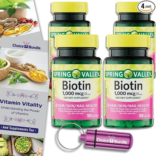 Spring Valley Biotin Softgels 1000mcg Dietary Supplement for Hair Skin Nail Health 150 Ct 4 pk (600 Total) + Vitamin Guide & Pill Container (6 Items)!