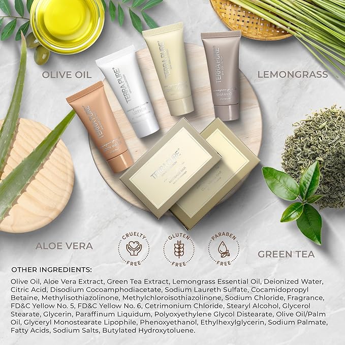 Terra Pure Spa Collection Amenity & Accessory Kit |1 oz Travel Size Shampoo, Conditioner, Lotion, Body Wash, 2 Soap Bars, Shave & Dental Sets, Make-Up Remover Wipes, & Vanity Kit | 1 set per case