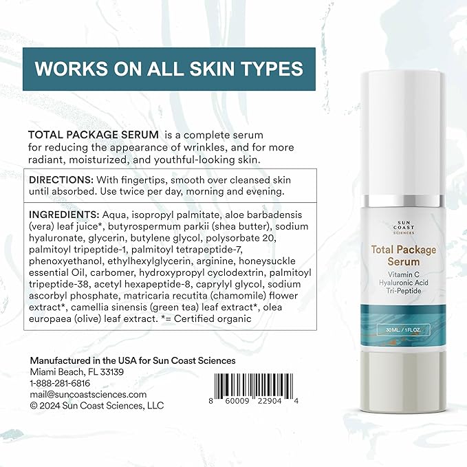 Sun Coast Sciences - Total Package Serum, All-In-One Vitamin C, Hyaluronic Acid, Peptides Serum For Face, Anti-Aging Facial Super Serum for Wrinkles, Age Spots - 1 fl oz (6)