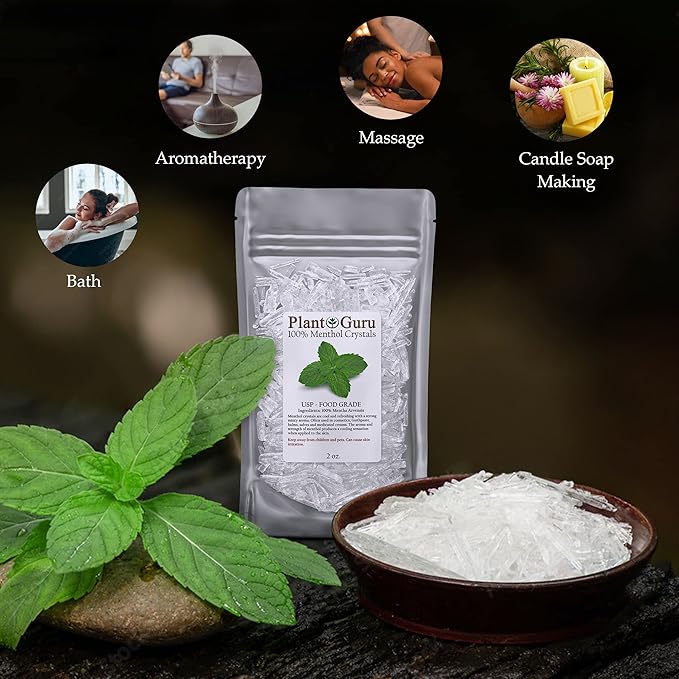 Menthol Crystals 2 oz. Mentha Arvensis 100% Pure Natural USP Food Grade - Great for Cosmetics, Salves, Balms, Creams and Soap Making.