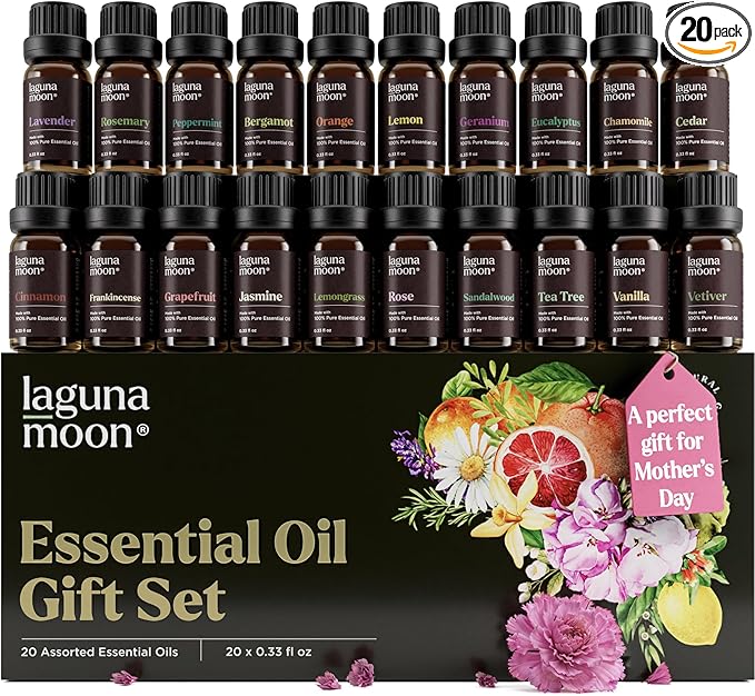Essential Oils Set - Top 20 Gift Set Oils for Diffusers, Humidifiers, Soaps, Aromatherapy, Candle Making Scents, Cars & Home Products - Peppermint, Tea Tree, Lavender, Eucalyptus, Lemongrass (10mL)
