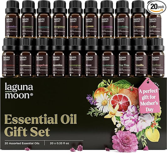 Essential Oils Set - Top 20 Gift Set Oils for Diffusers, Humidifiers, Soaps, Aromatherapy, Candle Making Scents, Cars & Home Products - Peppermint, Tea Tree, Lavender, Eucalyptus, Lemongrass (10mL)