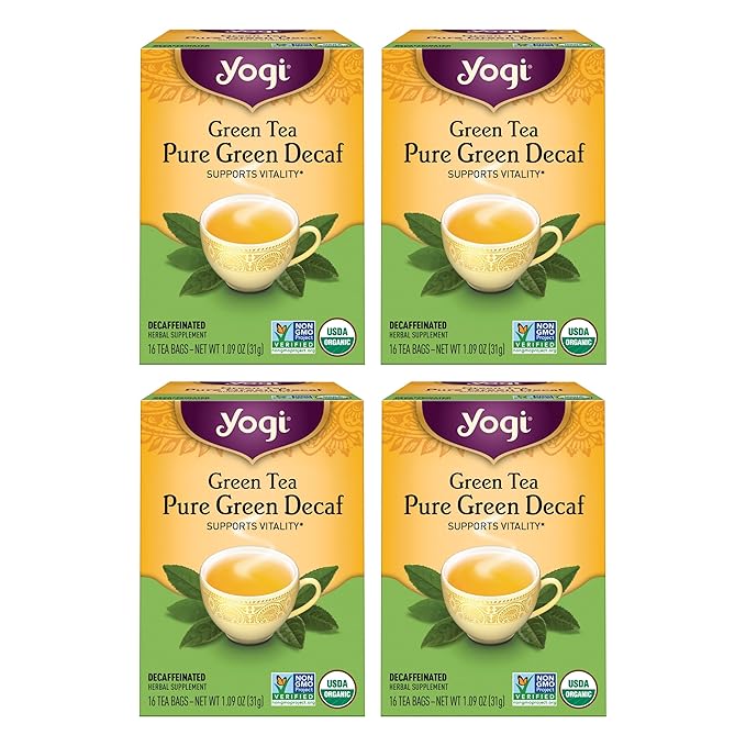 Yogi Tea Pure Decaf Green Tea - 16 Bags per Pack (4 Packs) - Organic & Decaffeinated - Supports Overall Health & Provides Antioxidants