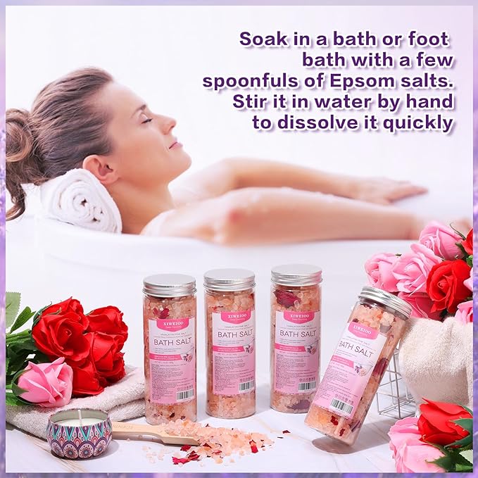 Bath Salts Set -56 oz, Pack of 4 Natural Epsom Salt for Soaking Rose Salts kit - Essential Oils Relaxes and Better Sleep Himalayan Pink Salt Foot Soak Tea Tree Oil for Women