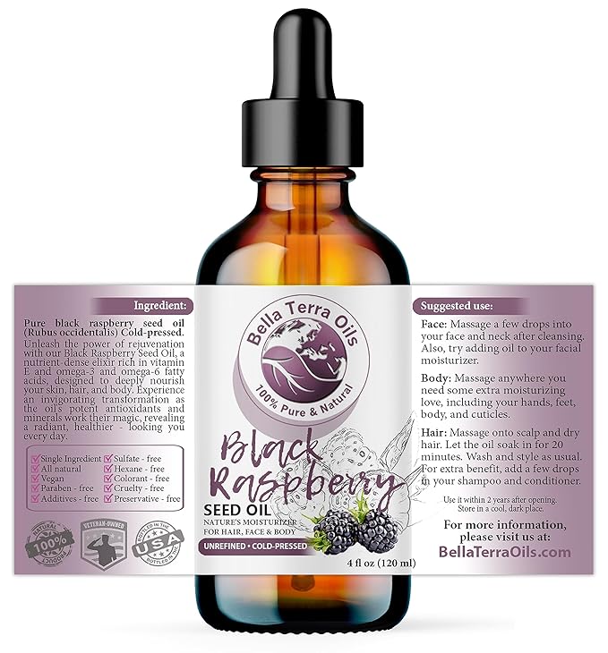 Bella Terra Oils - Black Raspberry Seed Oil 4oz - A Mélange of Antioxidants & Essential Fatty Acids, Offering the Skin the Finest of Nature's Nourishing Secrets