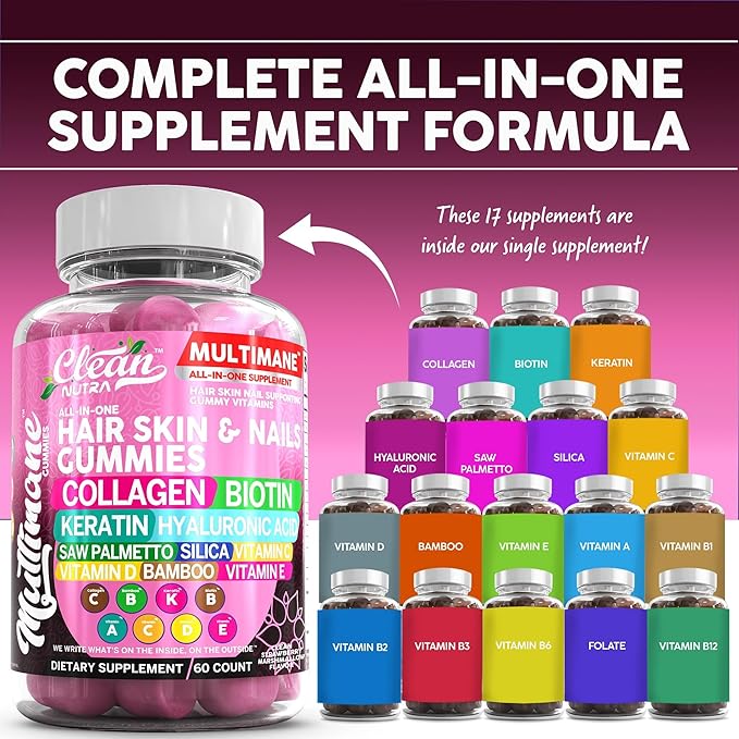Clean Nutraceuticals Biotin Collagen Keratin Gummies | Hair Skin and Nails Vitamins for Women | Hyaluronic Acid Bamboo Vitamin A C D3 E Folate With Saw Palmetto Silica B3 B12 Vegan Gummy